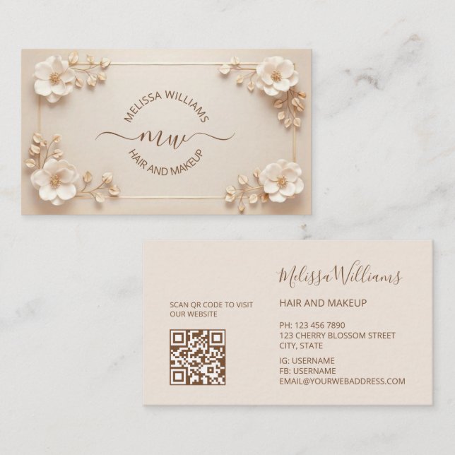 Carte De Visite Fleurs 3D Beige Blanc Initiales (Devant / Derrière)