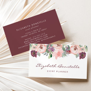 Carte De Visite Fleurs aquarelles rose poudré et bordeaux