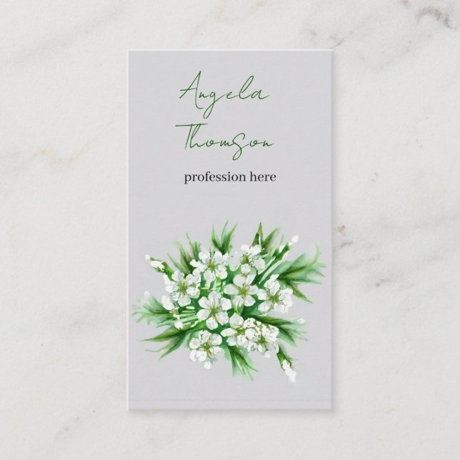 Carte De Visite Fleurs blanches, feuilles verts, aquarelle (Devant)