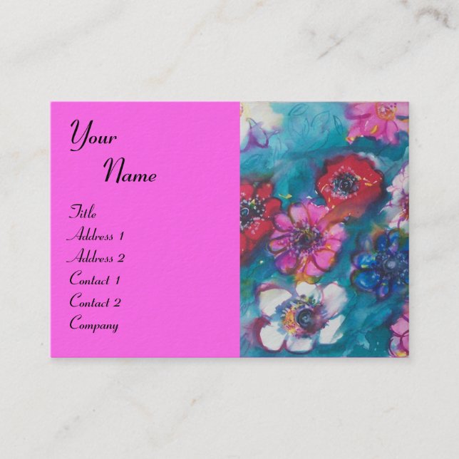 Carte De Visite FLEURS BLANCHES ROUGES EN MONOGRAM BLEU Fuchsia (Devant)