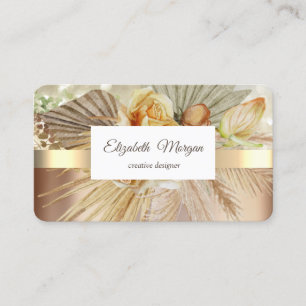 Carte De Visite Fleurs Bohèmes Élégante Rayure Dorée