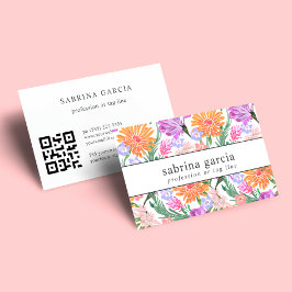 Carte De Visite Fleurs brillantes | Code QR bleu violet orange