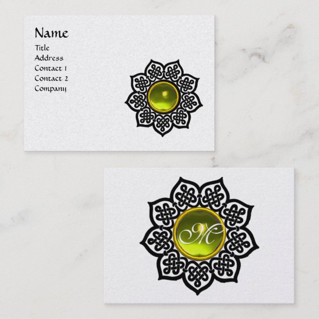 CARTE DE VISITE FLEURS CELTIQUES JAUNE MONOGRAMME EN PIERRE JAUNE  (Devant / Derrière)