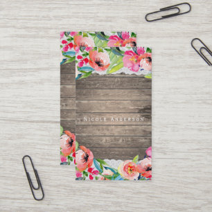 Carte De Visite Fleurs colorées Moderne Floral Chic Bois & dentell