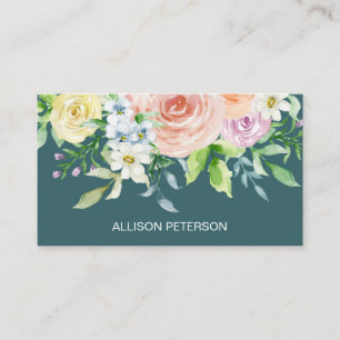 Carte De Visite Fleurs d'aquarelle Élégant Turquoise Floral
