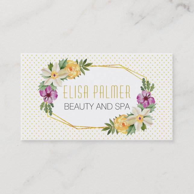 Carte De Visite Fleurs d'aquarelle et fleurs de polygones or (Devant)