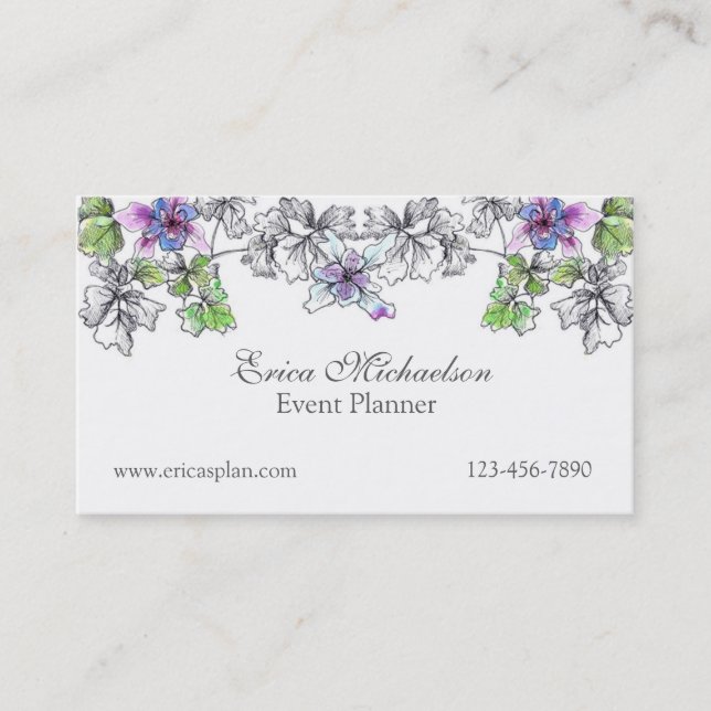 Carte De Visite Fleurs d'aquarelle violette Lilac Columbine Person (Devant)