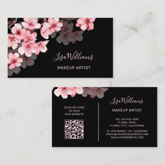 Carte De Visite Fleurs de cerisier à l'aquarelle rose sur fond noi
