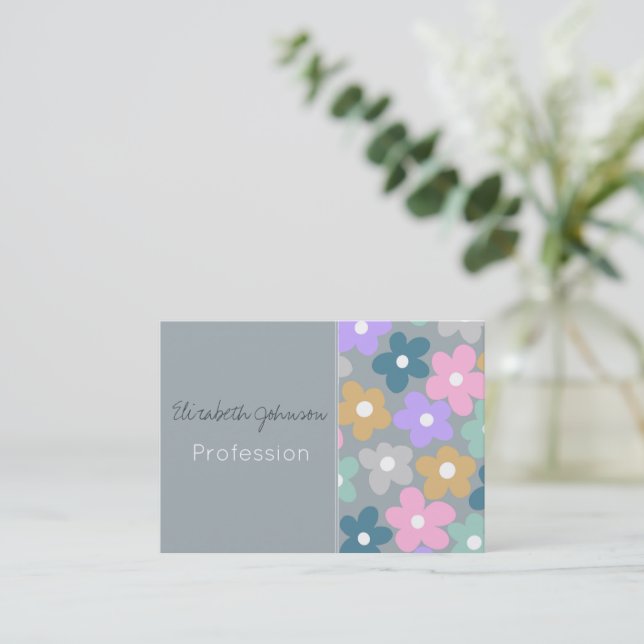 Carte De Visite Fleurs de marguerite super Gris Retro Boho Floral (Debout devant)