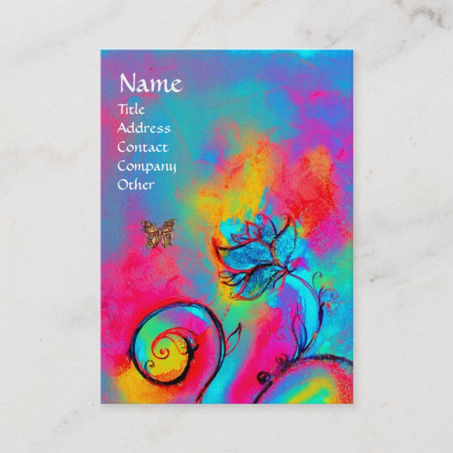 Carte De Visite FLEURS ET BOUTEILLES BLANCS bleu rose jaune (Devant)