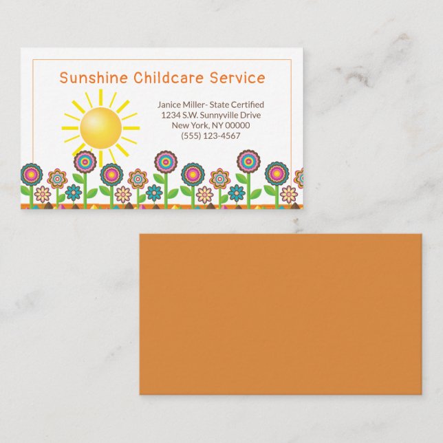 Carte De Visite Fleurs et Sunshine Child Daycare Service (Devant / Derrière)