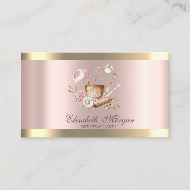 Carte De Visite Fleurs Gold Stripe Rose Gold Outils de boulangerie (Devant)