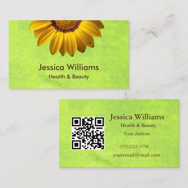 Carte De Visite Fleurs jaunes sur Monogramme vert Abstrait (Devant / Derrière)