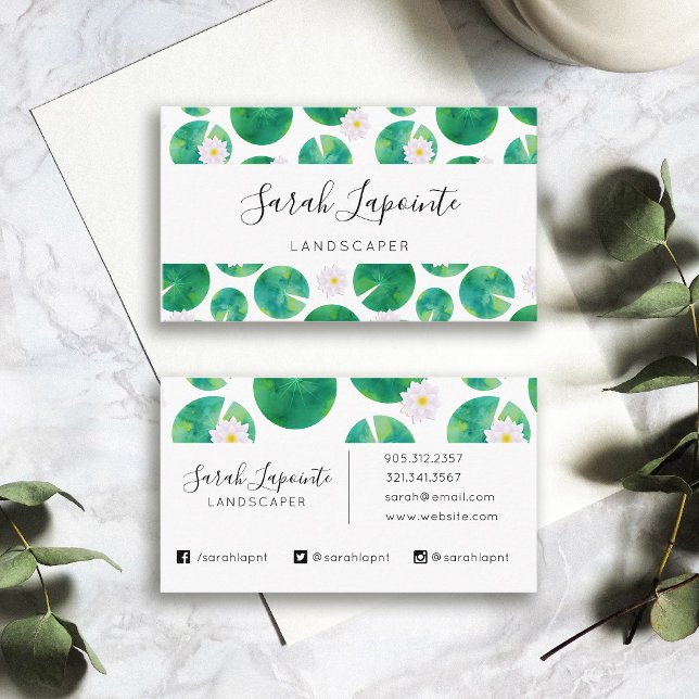 Carte De Visite Fleurs Lys d'Eau Blanche & Design de Pad Lily (Lily Pad Pattern Business Card)