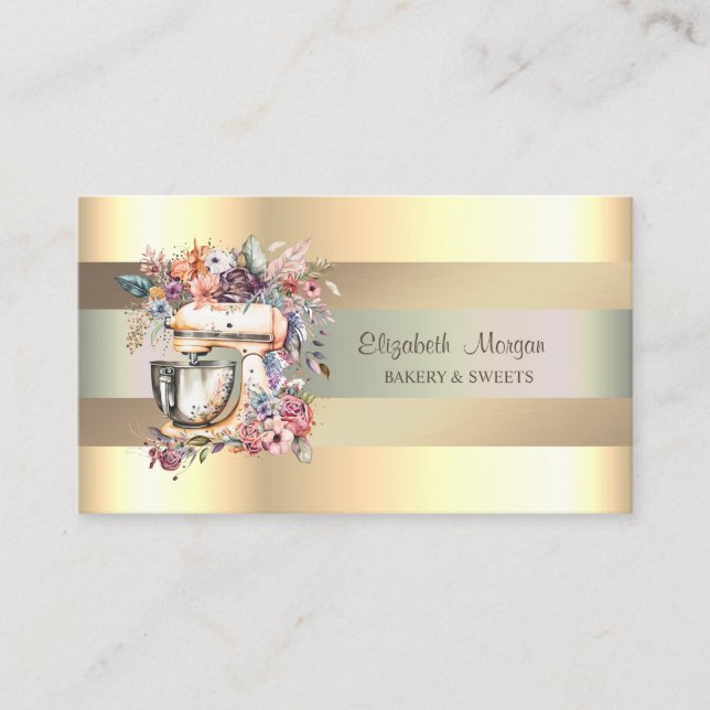 Carte De Visite Fleurs Mélangeuses Élégantes, Faux Gold Stripes (Devant)