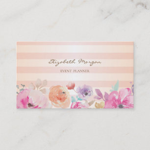 Carte De Visite Fleurs Modernes À Rayures De Style Aquarelle