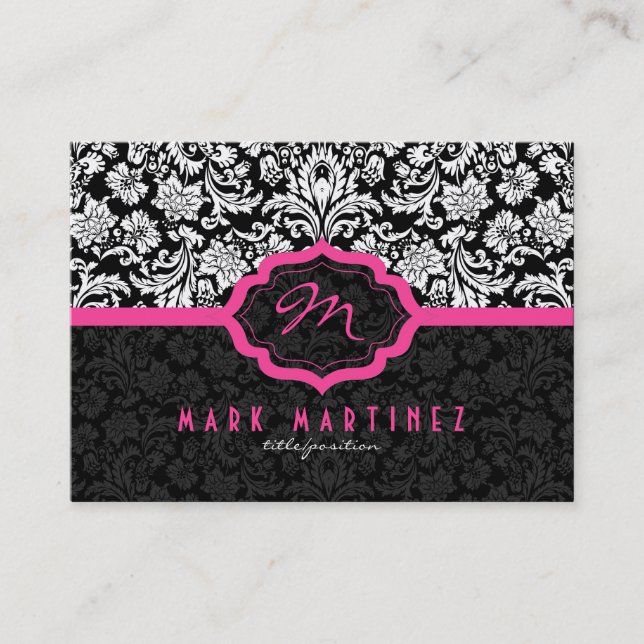 Carte De Visite Fleurs Noires Et Blanches Damas Accents Rose (Devant)