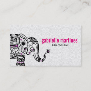 Carte De Visite Fleurs noires rétro et diamants roses éléphants