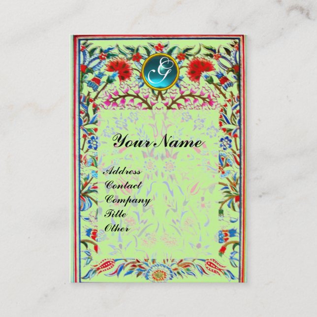 Carte De Visite FLEURS ORIENTALES DAMASK MONOGRAM Bleu Vert (Devant)