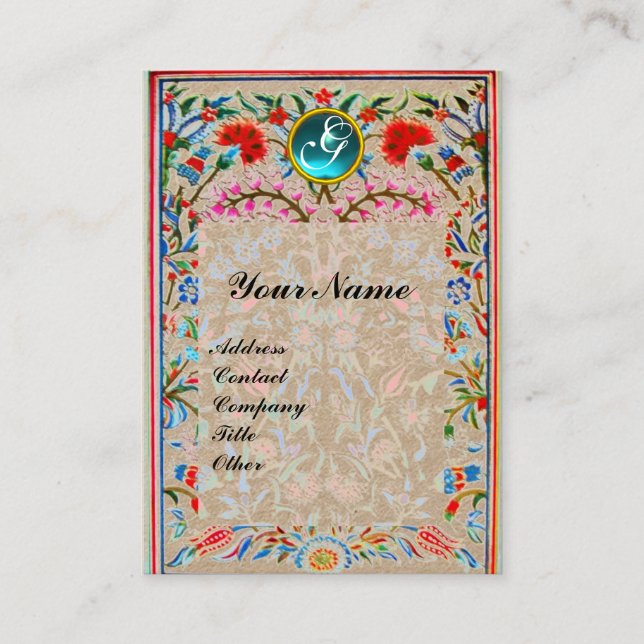 Carte De Visite FLEURS ORIENTALES DAMASK MONOGRAM Rouge Bleu Kraft (Devant)