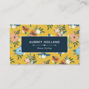 Carte De Visite Fleurs rétro Blush Bleu Jaune Motif Floral