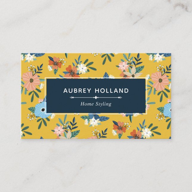 Carte De Visite Fleurs rétro Blush Bleu Jaune Motif Floral (Devant)