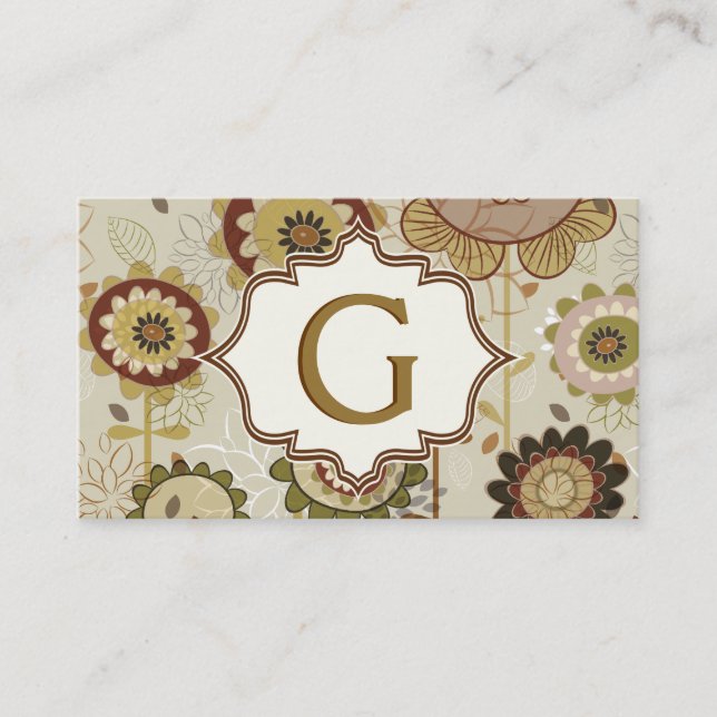 Carte De Visite Fleurs rétro motif floral beige brun monogramme (Devant)