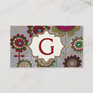 Carte De Visite Fleurs rétro, vert, motif floral gris