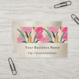 Carte De Visite Fleurs roses et Faux crème en cuir