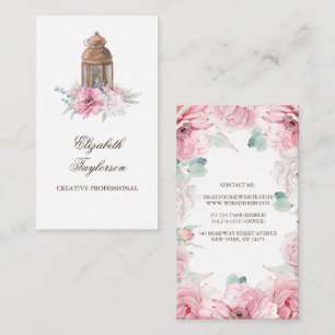 Carte De Visite Fleurs roses et lanterne Lit aux bougies