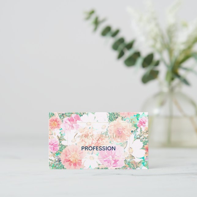 Carte De Visite Fleurs roses et oranges Aquarelle Peinture  (Debout devant)