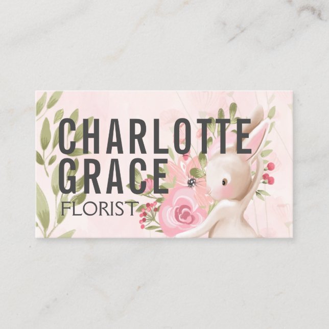 Carte De Visite Fleurs roses florales avec le lapin personnalisé (Devant)