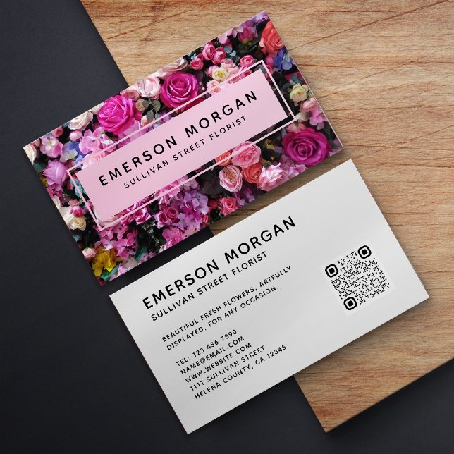 Carte De Visite Fleurs roses modernes QR Code fleuriste (Créateur téléchargé)