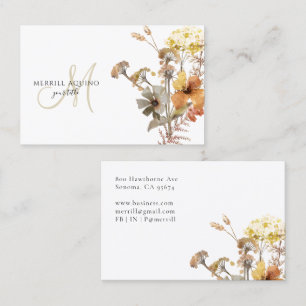 Carte De Visite Fleurs sauvages à monogramme élégant aquarelle