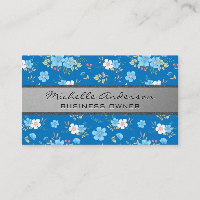 Carte De Visite Fleurs sauvages Motif Floral bleu blanc (Devant)