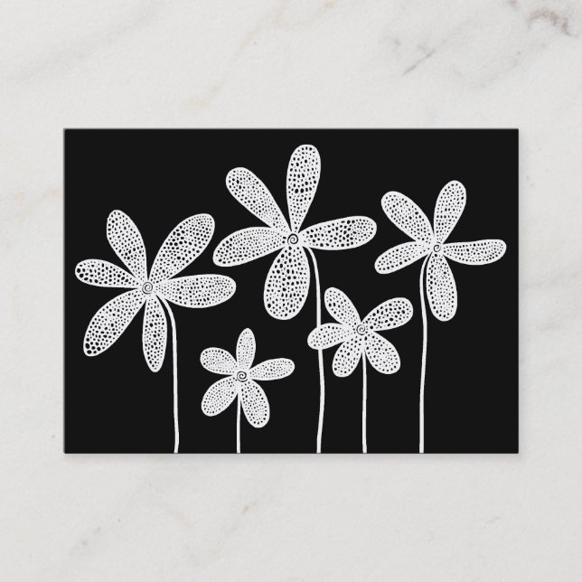 Carte De Visite Fleurs simples dessinant - blanc sur le noir (Devant)