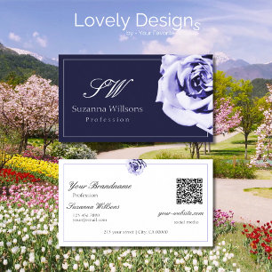 Carte De Visite Floral Bleu et Blanc Cute Rose Initiales QR Code