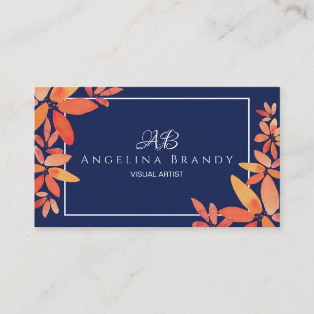 Carte de visite floral bleu et orange de la marine (Devant)