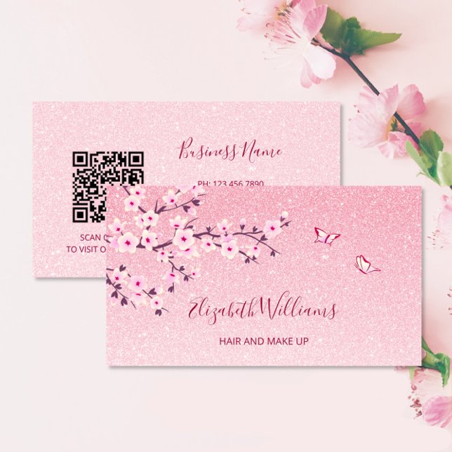 Carte De Visite Floral Cherry Blossom Pink Glitter QR Code (Créateur téléchargé)