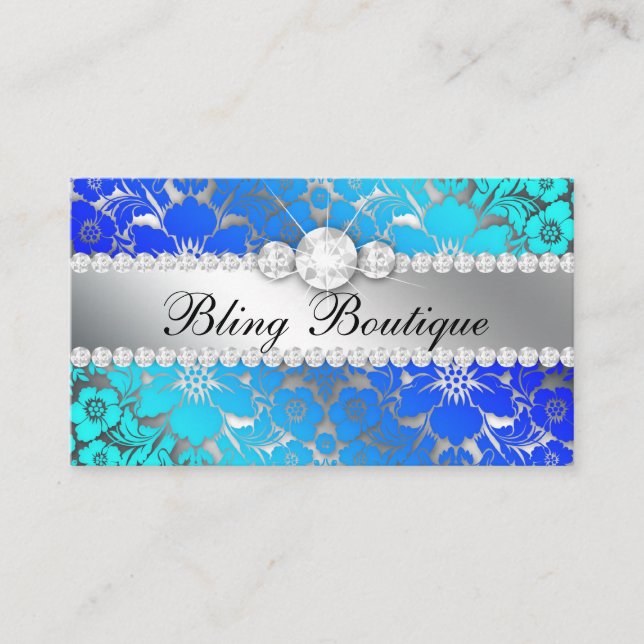 Carte De Visite Floral Damask Blue Sea Bijoux en argent (Devant)