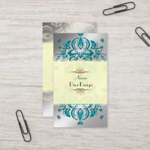 Carte De Visite Floral Damask Turquoise/Faux Silver