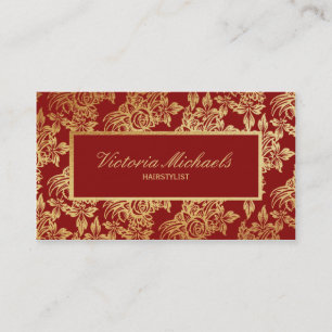 Carte de visite floral élégant rouge-foncé et d'or