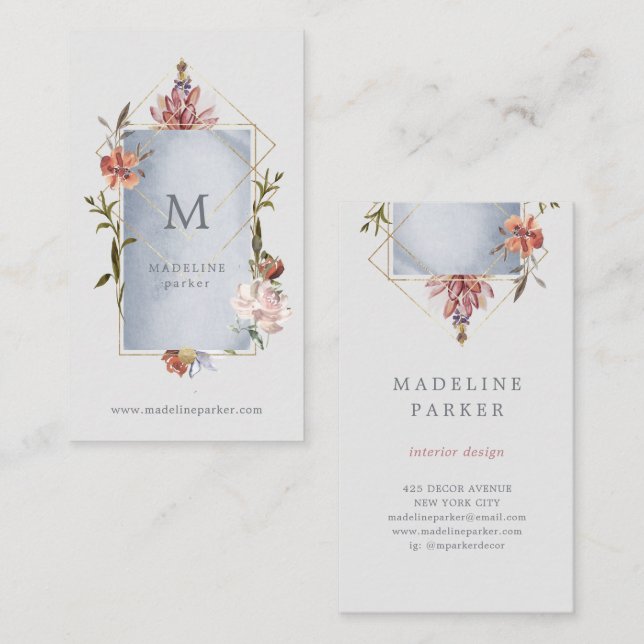 Carte De Visite Floral géométrique Luxe avec le monogramme (Devant / Derrière)