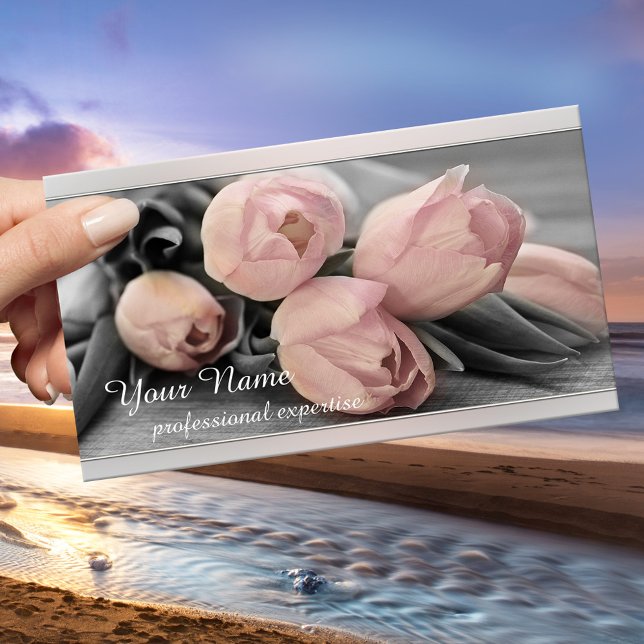 Carte de visite Floral Gris Argent (Professional business card featuring peach pink tulips on a grey background with a silver lining)