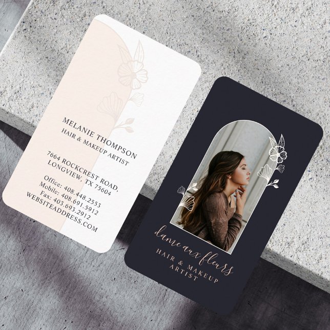 Carte De Visite Floral moderne Rose Beauté Arc photo noir (Modern Floral Rose Beauty Photo Arch Black Business Card)