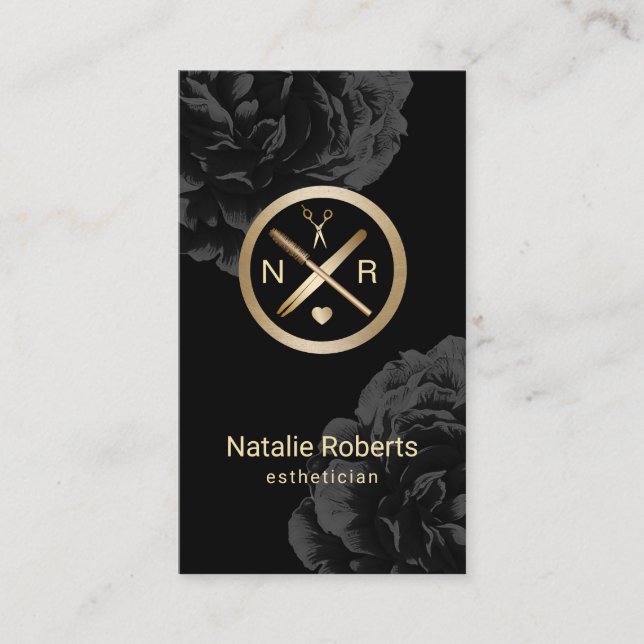 Carte De Visite Floral noir moderne de logo de maquilleur (Devant)