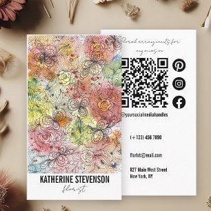 Carte De Visite Floral Pastel Aquarelle et Encre Art fleuriste