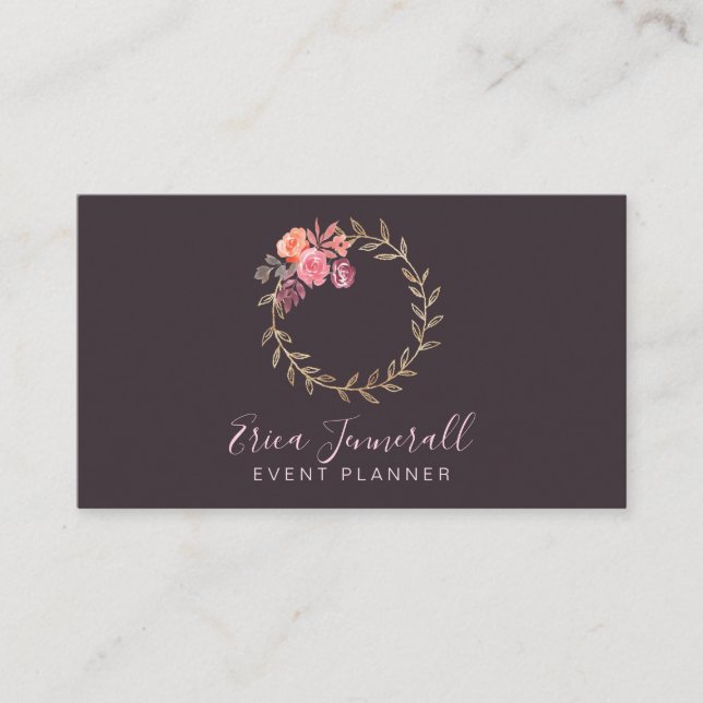 Carte De Visite Floral Wreath Fleurit Sur Grey Event Planner (Devant)