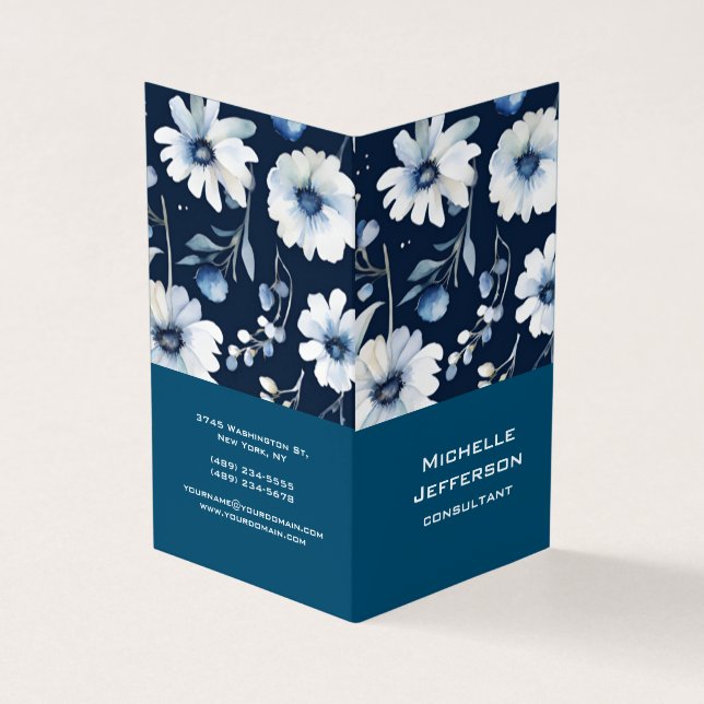 Carte De Visite Flore Bleu Vertical Moderne Design tendance (Extérieur)