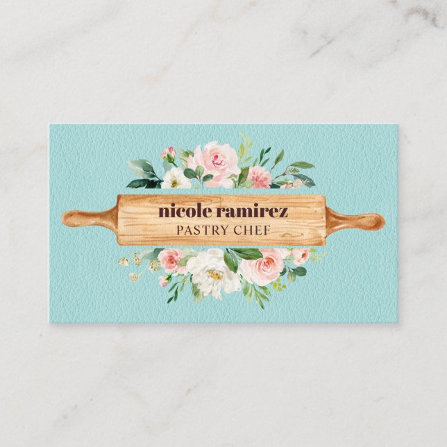 Carte De Visite Flore Boulangerie Rolling Pin Dessert Cuir bleu (Devant)